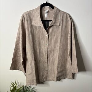 Marla Wynne Striped Linen Box Shirt Tan Neutral Beige Button